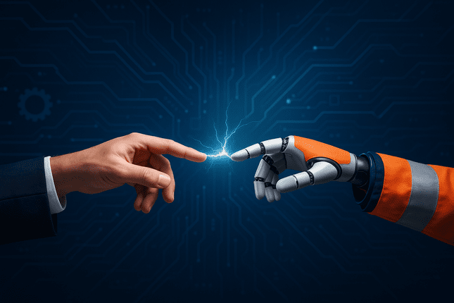 A mans and a Robots hand resemble to Da Vincys famous painting of God and Adam optimized