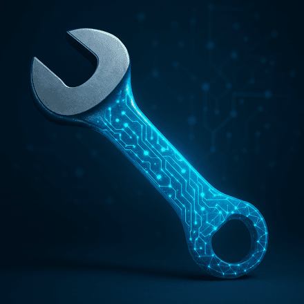 Digital illustration of a wrench merging from physical metal into abstract AI circuits, representing AI tool integration.